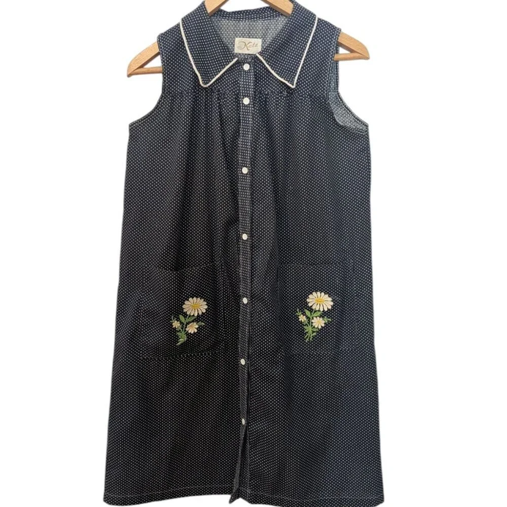 Vintage Polka Dot Embroidered‎ Dress Katz Floral House Smock Snap Button Collar